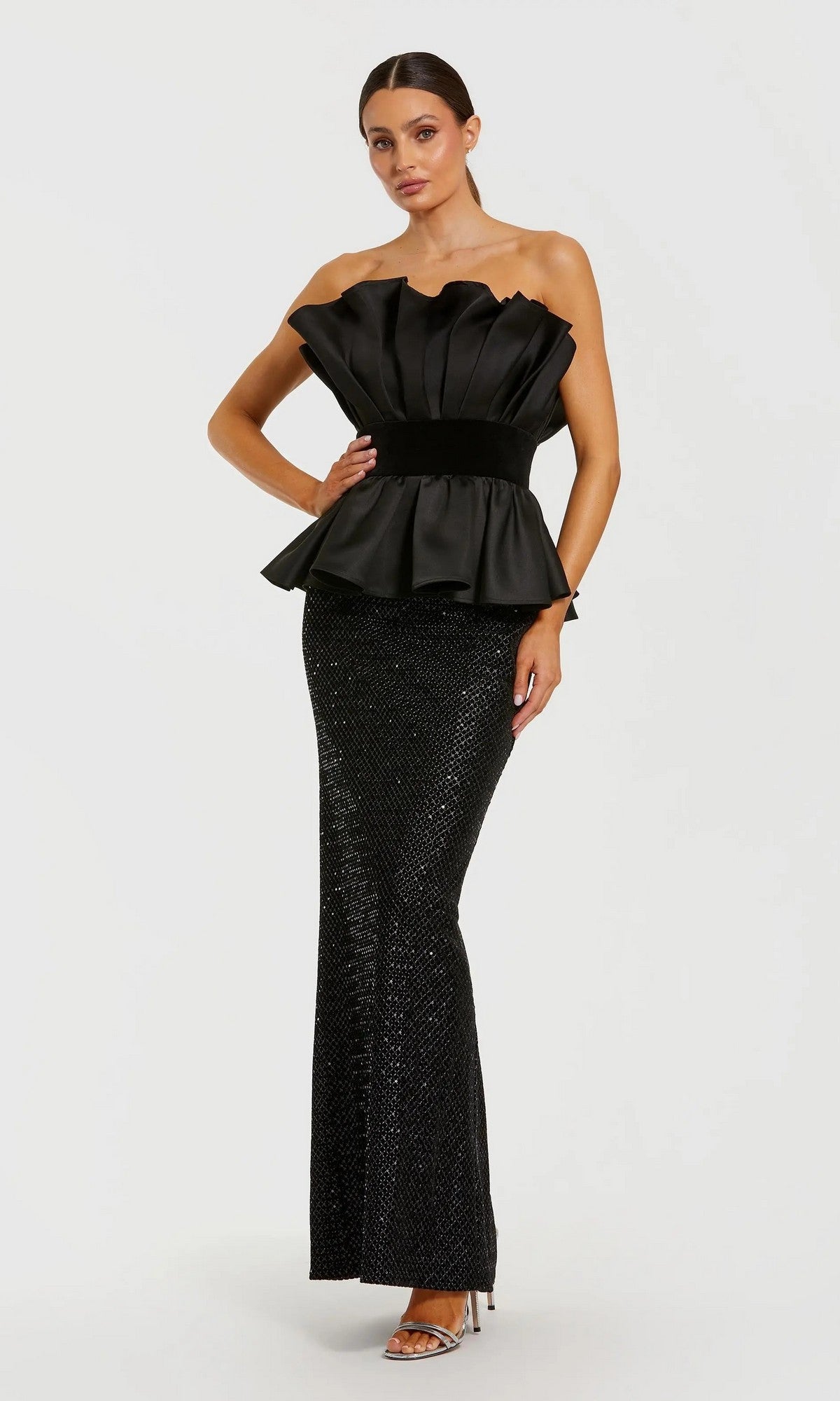 Black Strapless Satin Peplum Sequin Column Gown