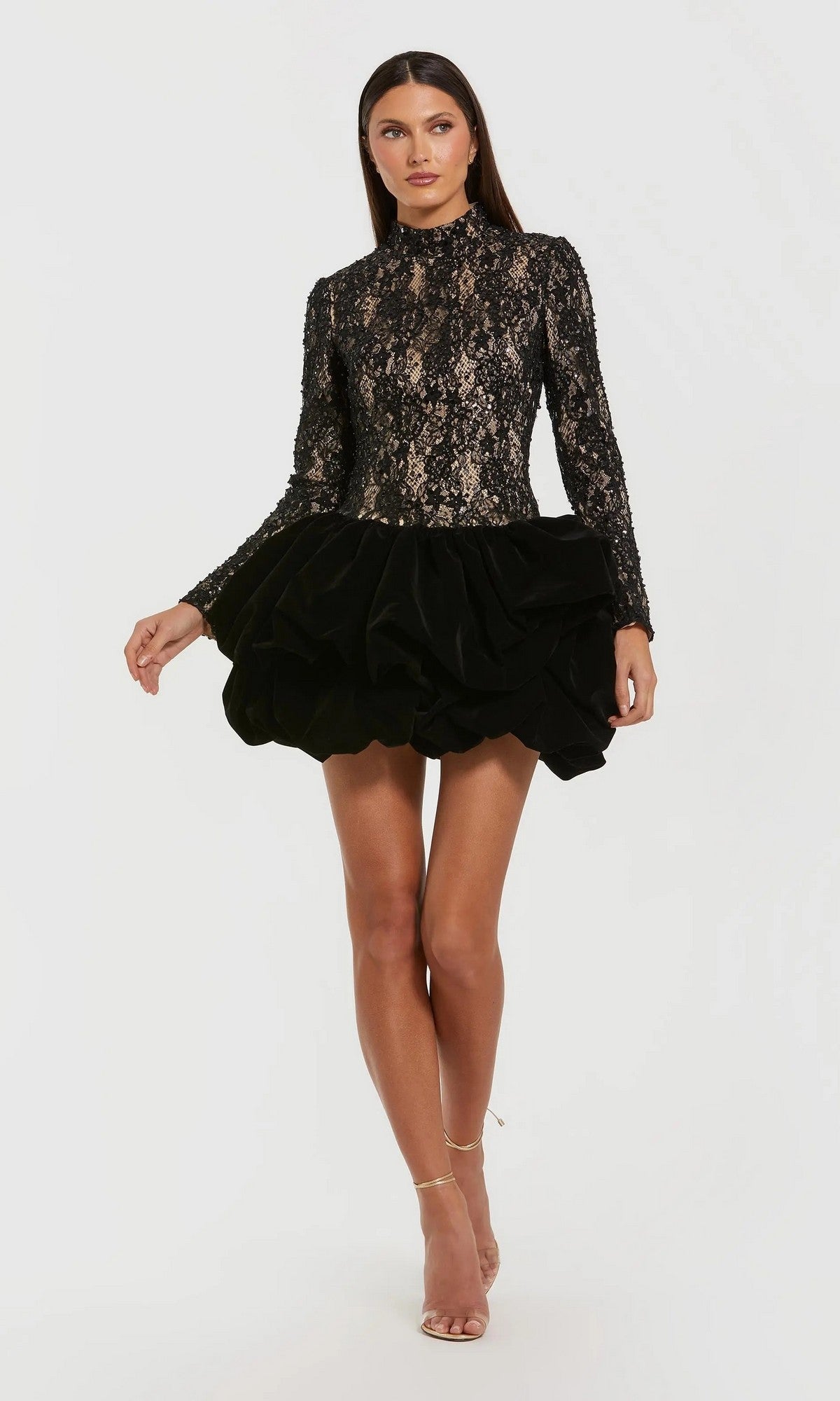 Long Sleeve Short Semi-Formal Dress with Bubble Skirt PromGirl Long Sleeve Short Semi-Formal Dress with Bubble Skirt PromGirl
