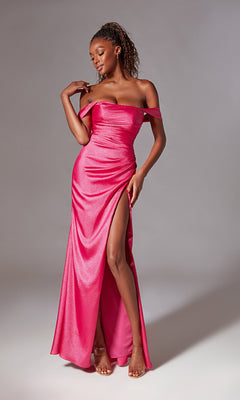 Model showcases the Aerie Couture 211 Long Shimmer Prom Dress in bright pink, featuring an off-the-shoulder neckline, thigh-high slit, ruched details, and lace-up open back, posed against a plain gray background.
