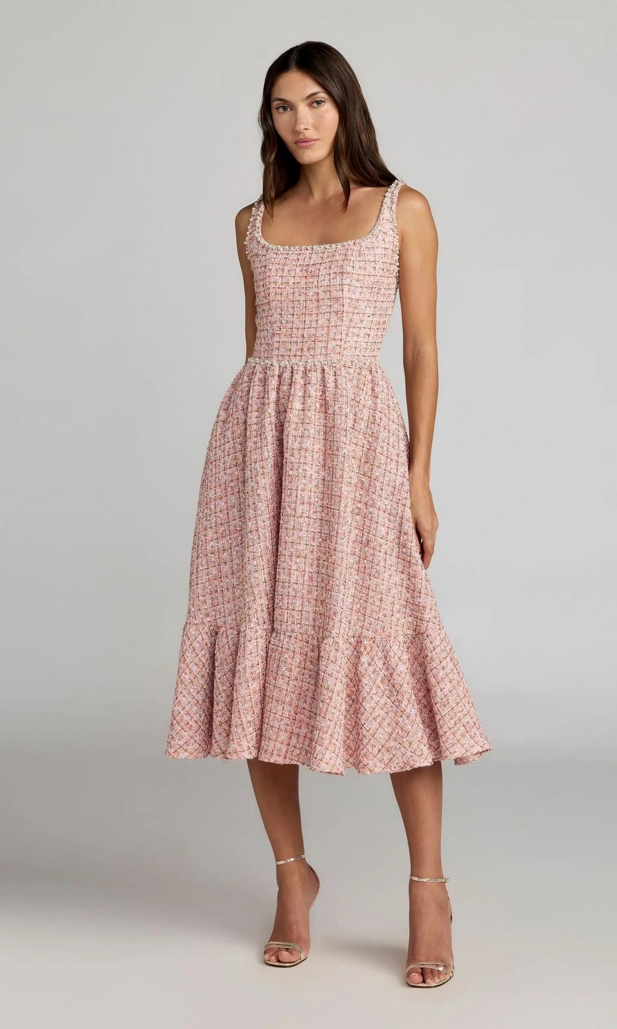 light pink holiday dress Pearl Embellished Sleeveless Boucle Midi AL:January26 color:Black / Charcoal pearl and rhinestone embellishments Bridesmaid Dress Roundup Fashion