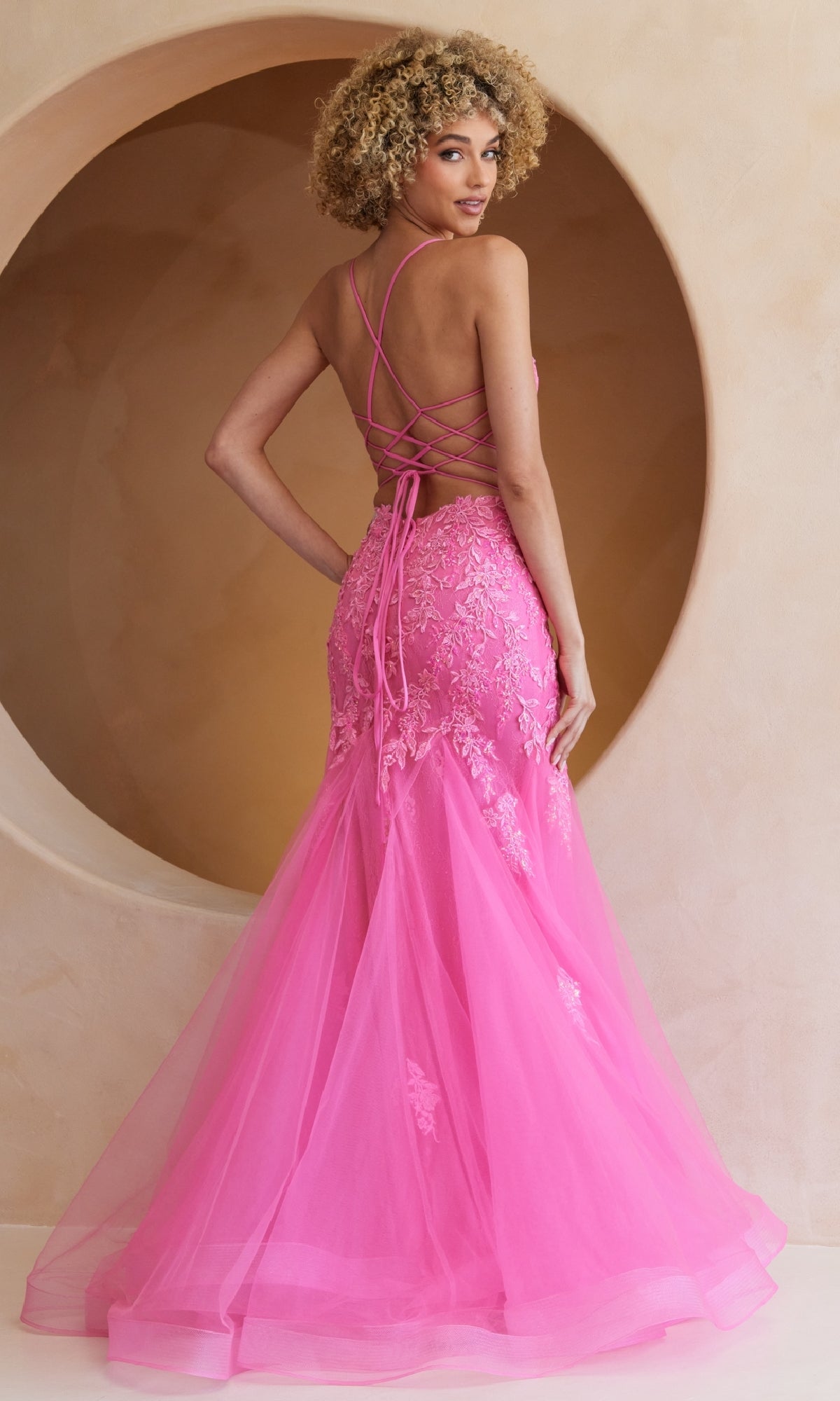 open lace back dress Sheer-Corset Long Prom Dress with Mermaid Skirt Pink / 10
