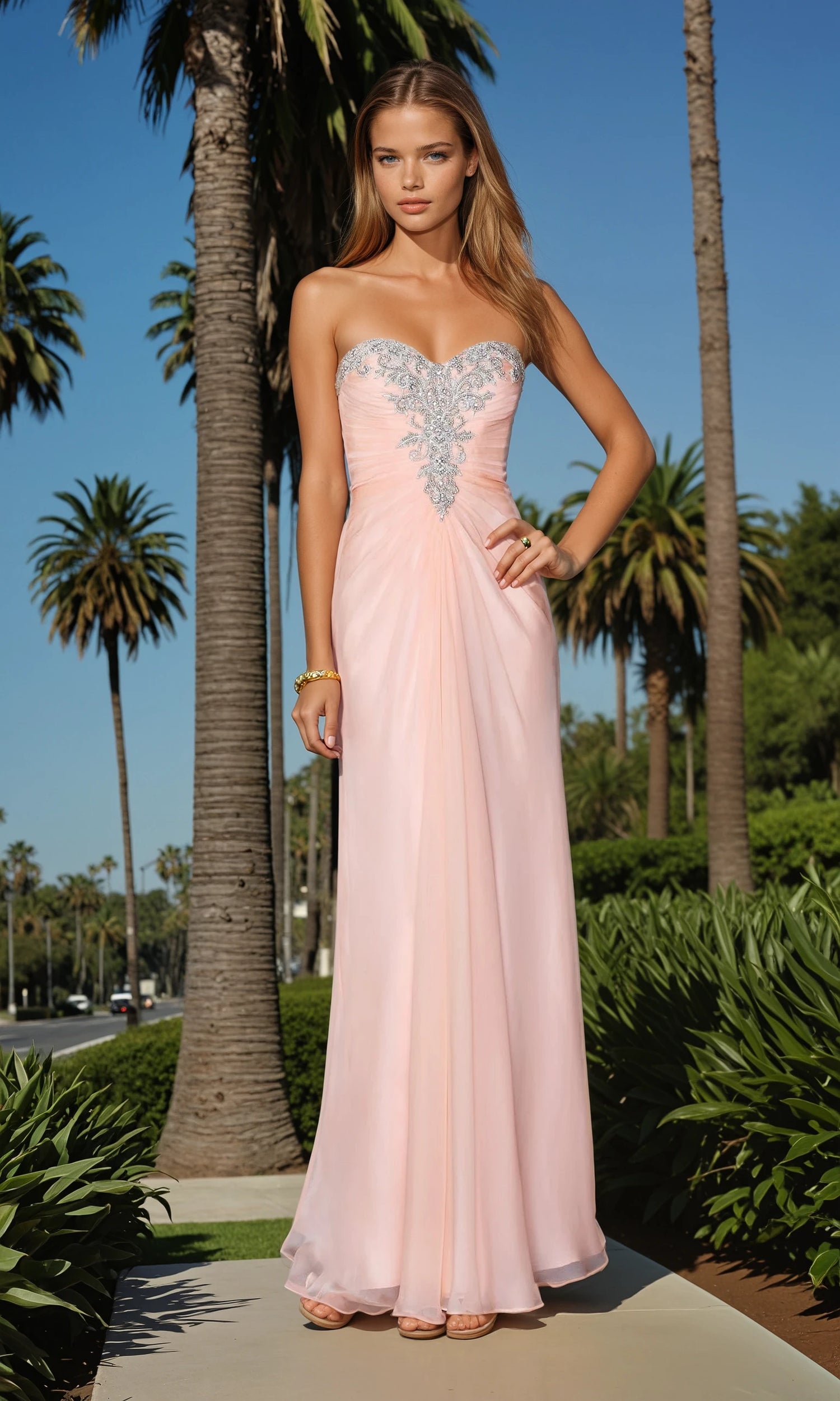 Wearing the La Femme Dress 21214, a woman stands outdoors among palm trees in a strapless light pink gown featuring silver embellishments on its ruched sweetheart bodice.