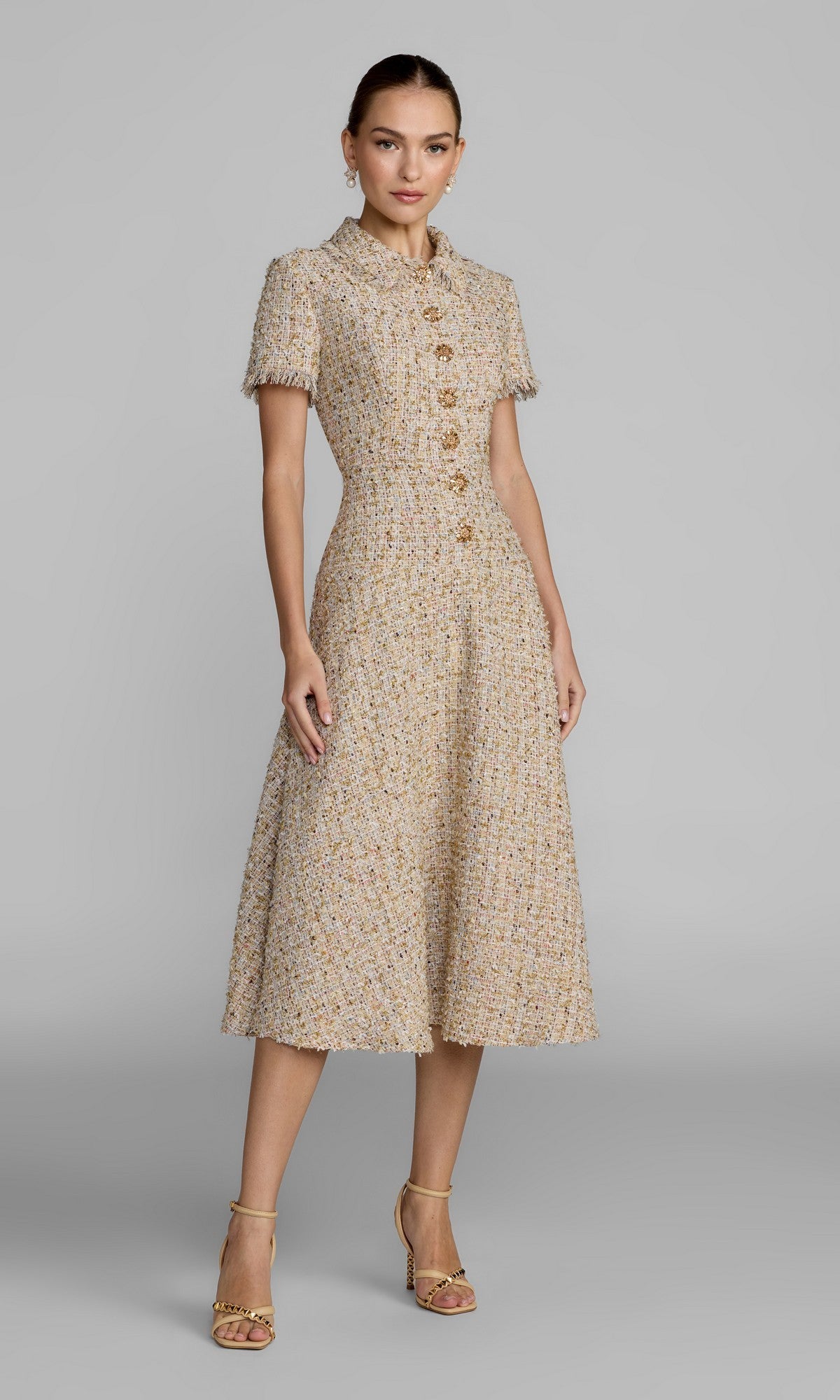 tan birthday dress Mac Duggal Boucle Cap Sleeve Collared Neck A-Line Midi Dress, Womens, 14, Ecru Multi Tan maxi