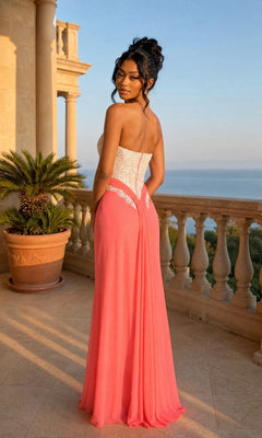 Wearing the La Femme Dress 21256, a woman stands on a balcony overlooking the sea, framed by ornate columns and a nearby potted palm.