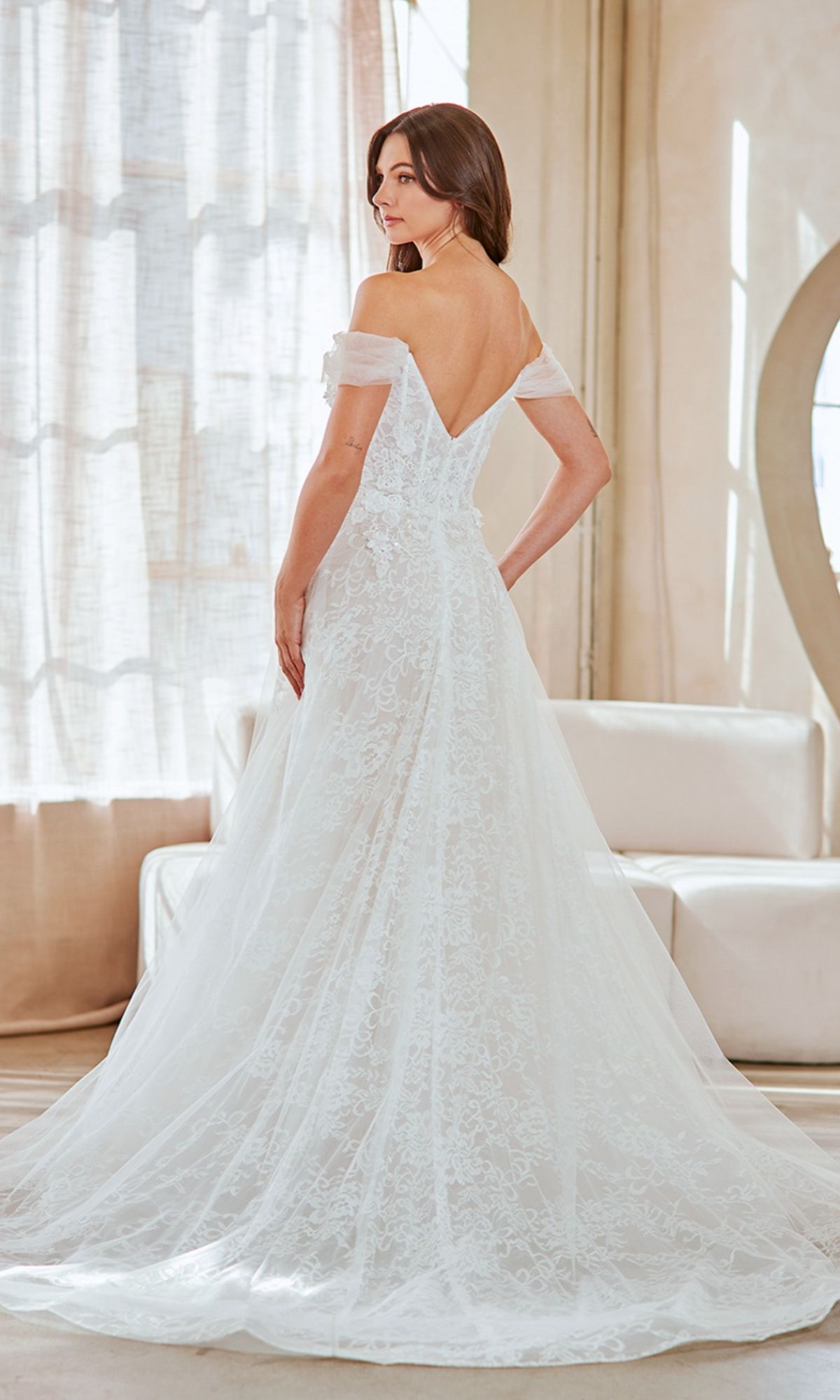 Off-Shoulder Long White Lace Wedding Dress with Corset– PromGirl