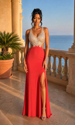 A woman stands on a terrace overlooking the sea, wearing the La Femme 21469 long prom dress in hot coral with a sleeveless beaded lace bodice and high slit, surrounded by potted plants and ornate columns.