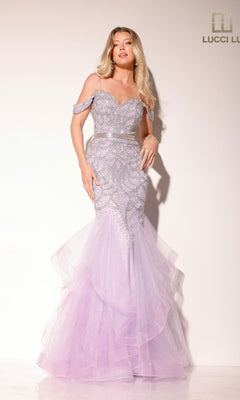 A woman models the Open-Back Beaded Mermaid Prom Dress Lucci Lu 2147 in light purple, featuring off-the-shoulder style, beaded lace embellishments, and tulle layers against a plain white background.