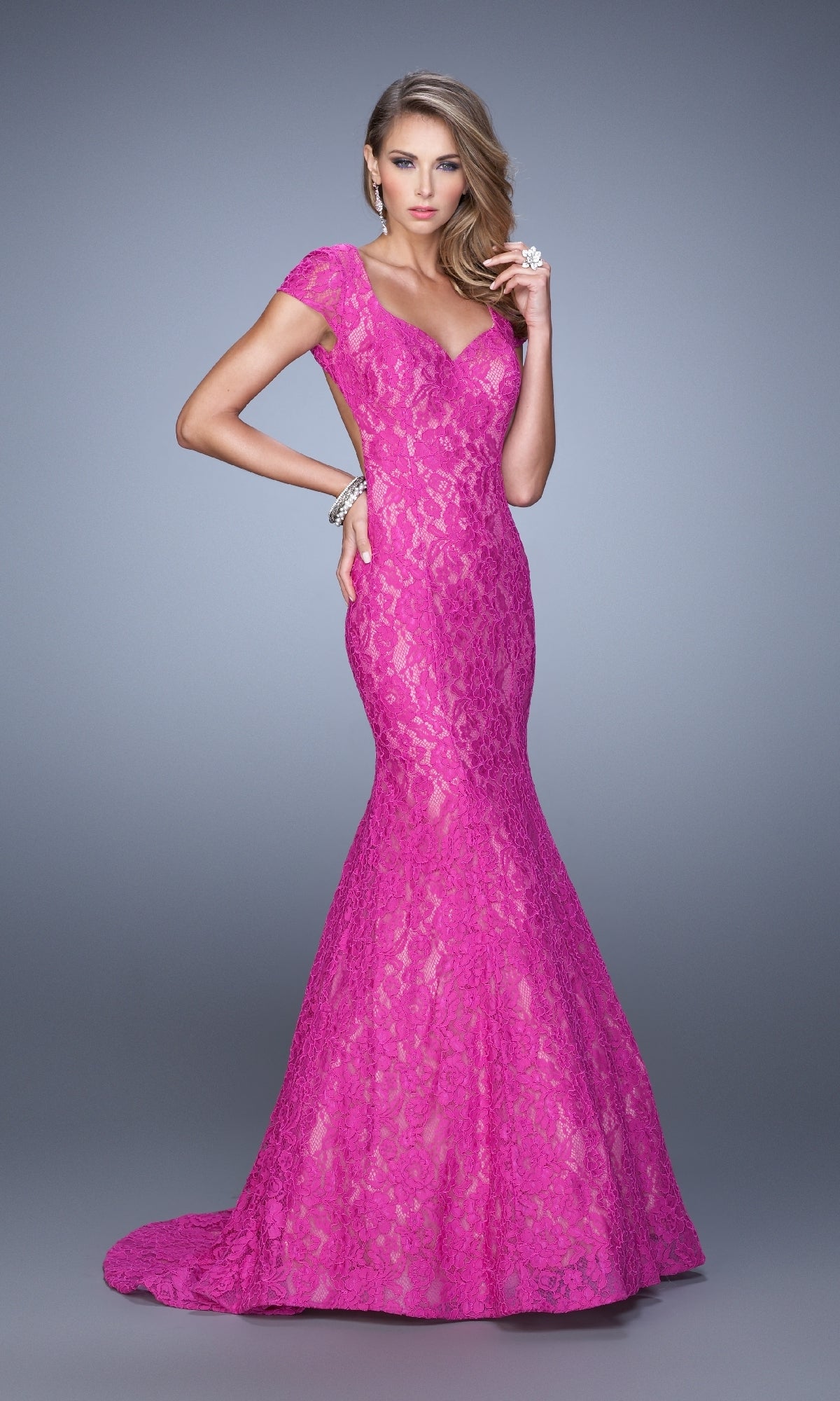 Cap-Sleeve Long Lace Prom Dress: La Femme 21509