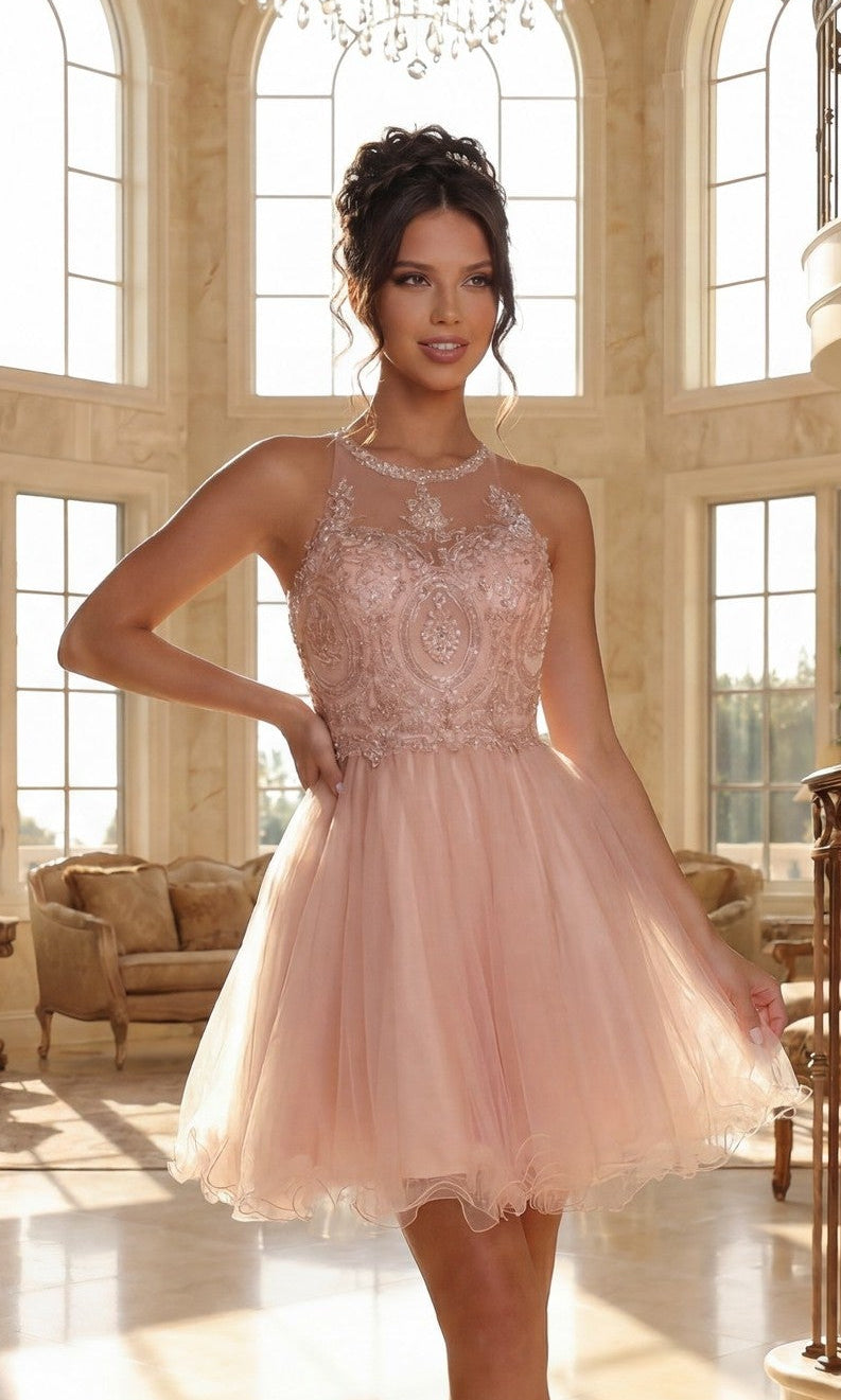 Beaded Lace Short Babydoll Party Dress