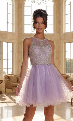 A woman stands indoors before tall windows and elegant furniture, wearing a Beaded Embroidered Lace Short Babydoll Party Dress in sleeveless light purple tulle with an embellished bodice.