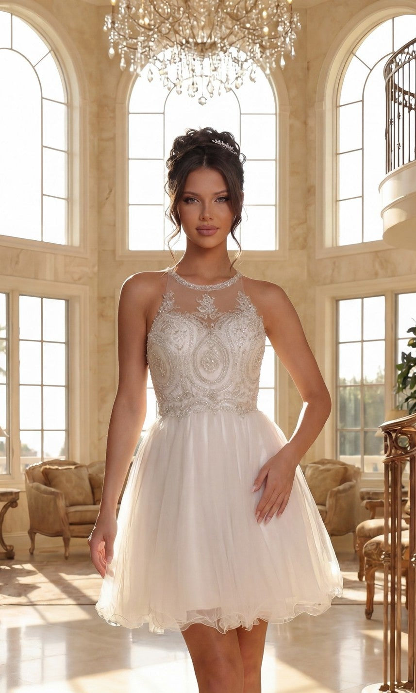A woman wearing a Beaded Embroidered Lace Short Babydoll Party Dress stands in an elegant room with tall arched windows, beige walls, and a chandelier.