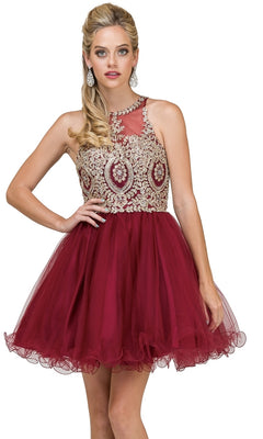 A woman poses against a white background wearing the Beaded Embroidered Lace Short Babydoll Party Dress in burgundy, featuring a gold embroidered beaded bodice and a tulle skirt.