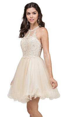 A woman wears the Beaded Embroidered Lace Short Babydoll Party Dress with a sleeveless, fitted bodice and flared skirt in beige lace and tulle, standing and smiling at the camera.