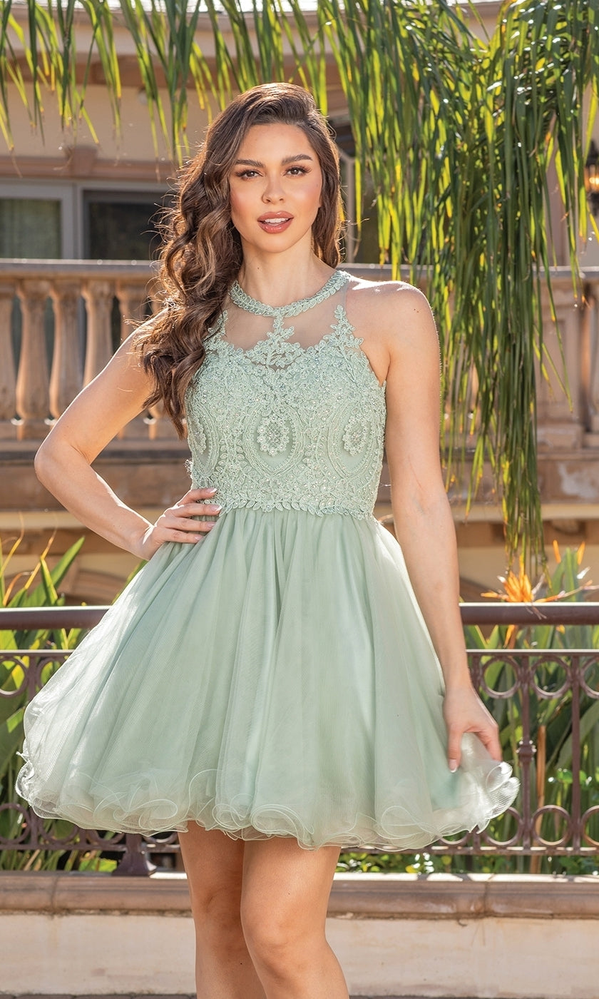 Beaded Lace Short Babydoll Party Dress PromGirl