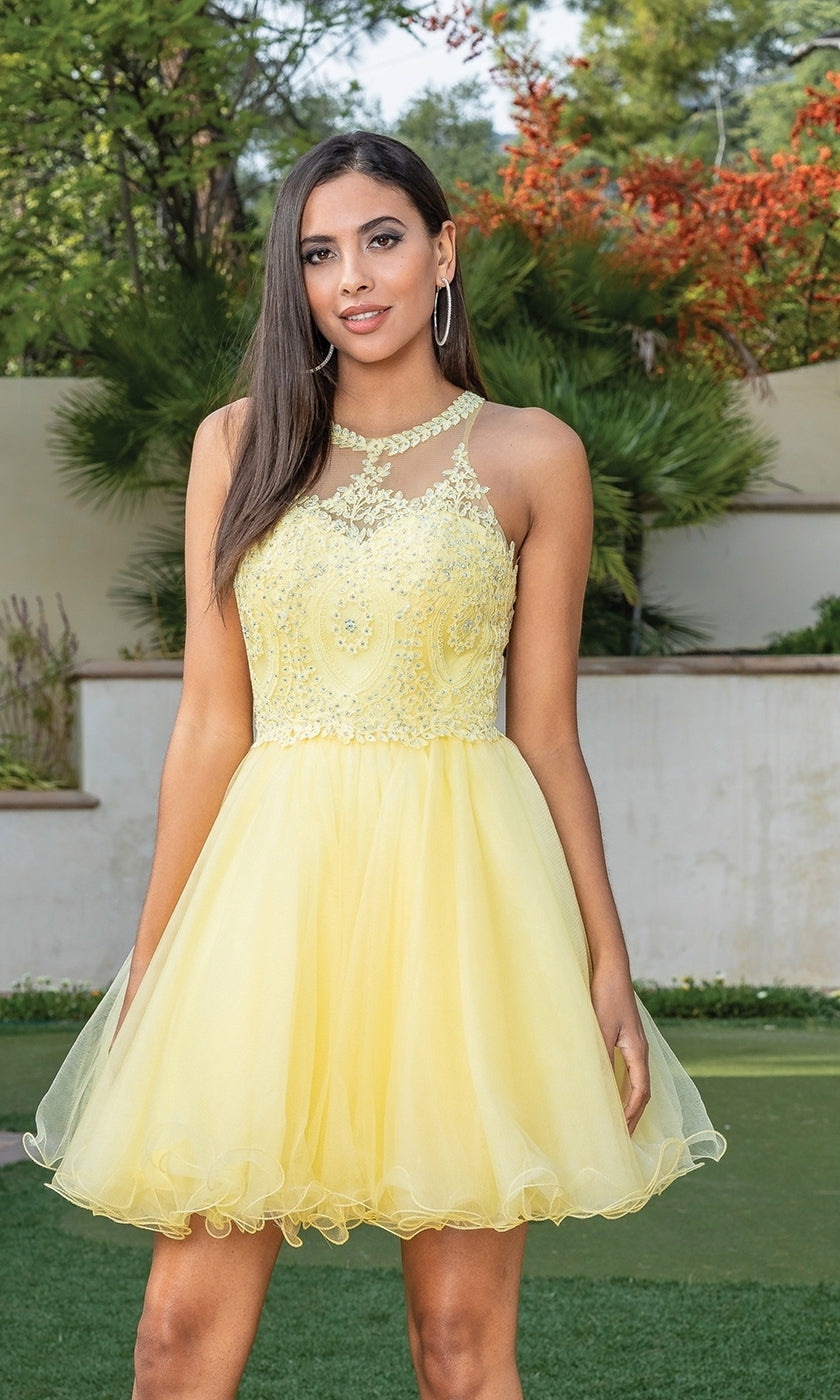 Beaded Lace Short Babydoll Party Dress - PromGirl Yellow / 3XLarge Beaded Lace Short Babydoll Party Dress - PromGirl Yellow / 3XLarge