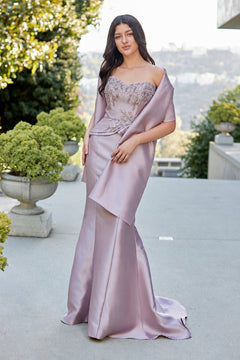 Amelia Couture 2162 lavender strapless evening gown featuring a beaded bodice and a matching draped shawl.