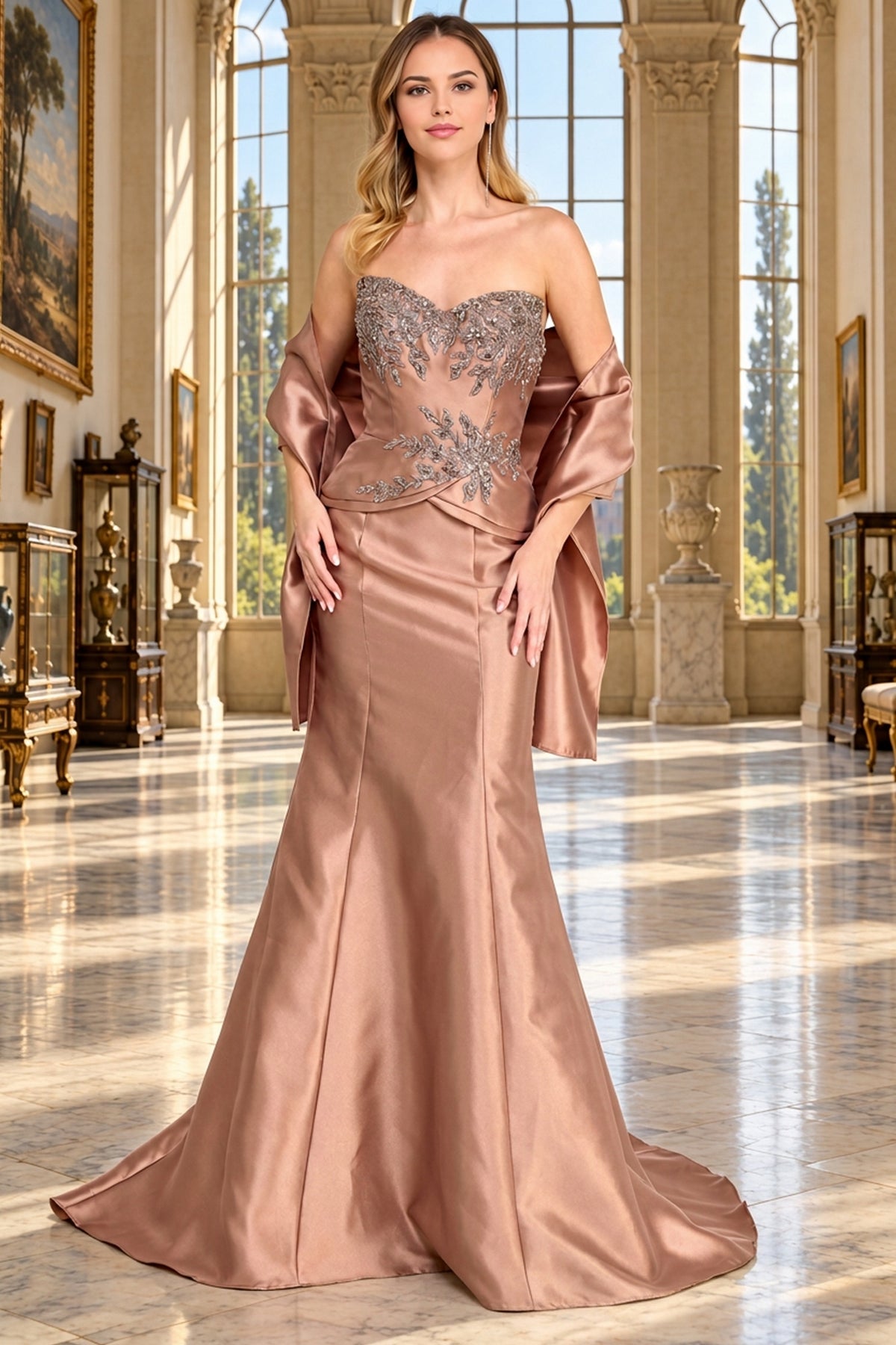 Amelia Couture 2162 is a strapless, floor-length rose gold beaded evening gown with a matching shawl draped over the arms.