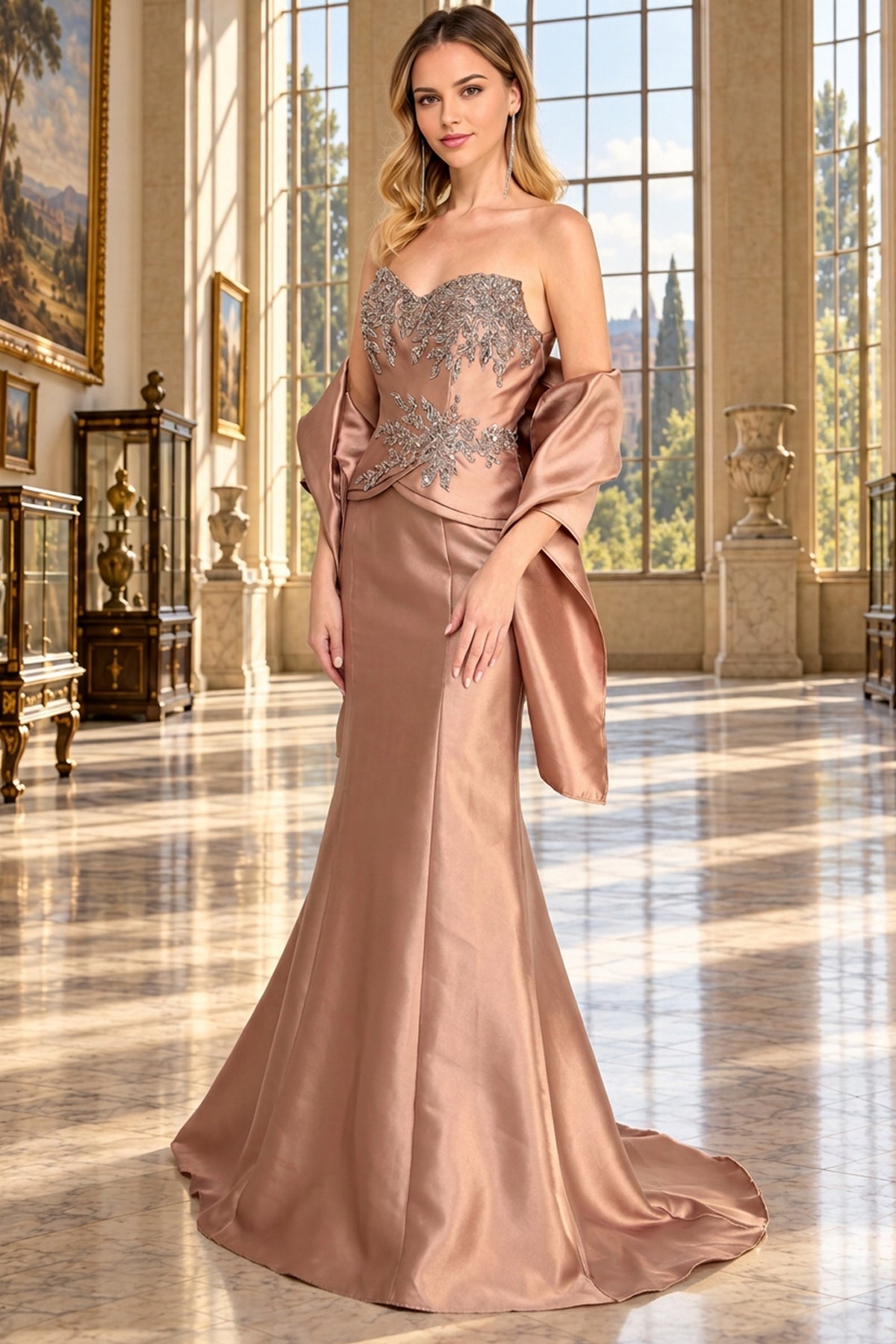 The Long Formal Dress: Amelia Couture 2162 is a floor-length, strapless bronze evening gown featuring a beaded bodice and a matching shawl.