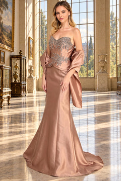 The Long Formal Dress: Amelia Couture 2162 is a floor-length, strapless bronze evening gown featuring a beaded bodice and a matching shawl.