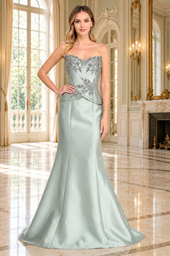 Amelia Couture 2162 sage green strapless evening gown with a sweetheart neckline and silver beaded floral embroidery on the bodice.