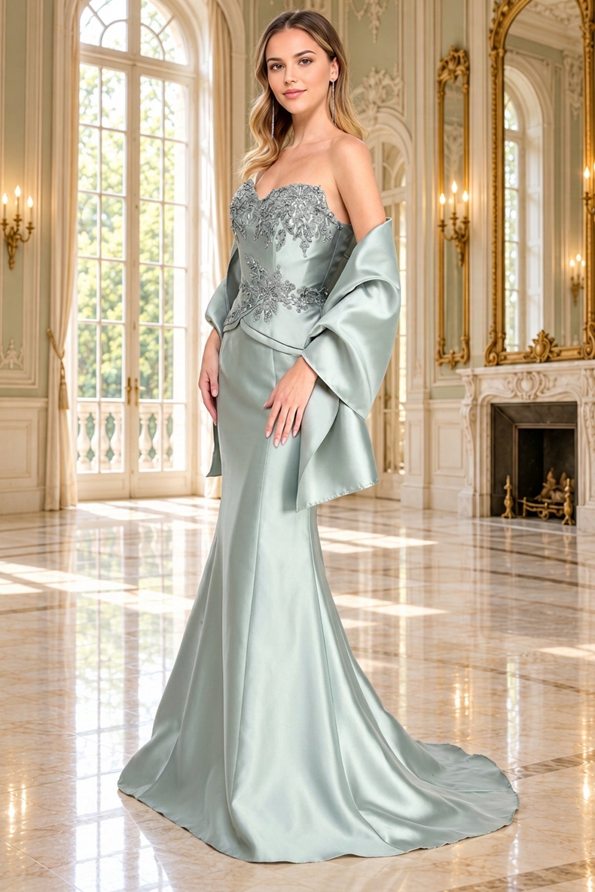 Long Formal Dress: Amelia Couture 2162, a strapless, floor-length sage green beaded evening gown with embroidered bodice detailing and a matching wrap.