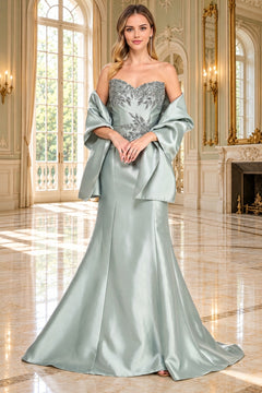Amelia Couture 2162 floor-length, strapless sage green beaded evening gown with an embellished bodice and matching shawl.