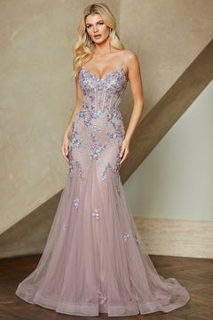 Amelia Couture 2164 floor-length mauve mermaid prom dress with a corset bodice and sequin flower appliques.