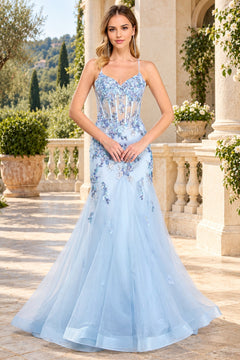 Amelia Couture 2164, a floor-length, light blue mermaid prom dress featuring a corset-style bodice, thin straps, and delicate floral embroidery.