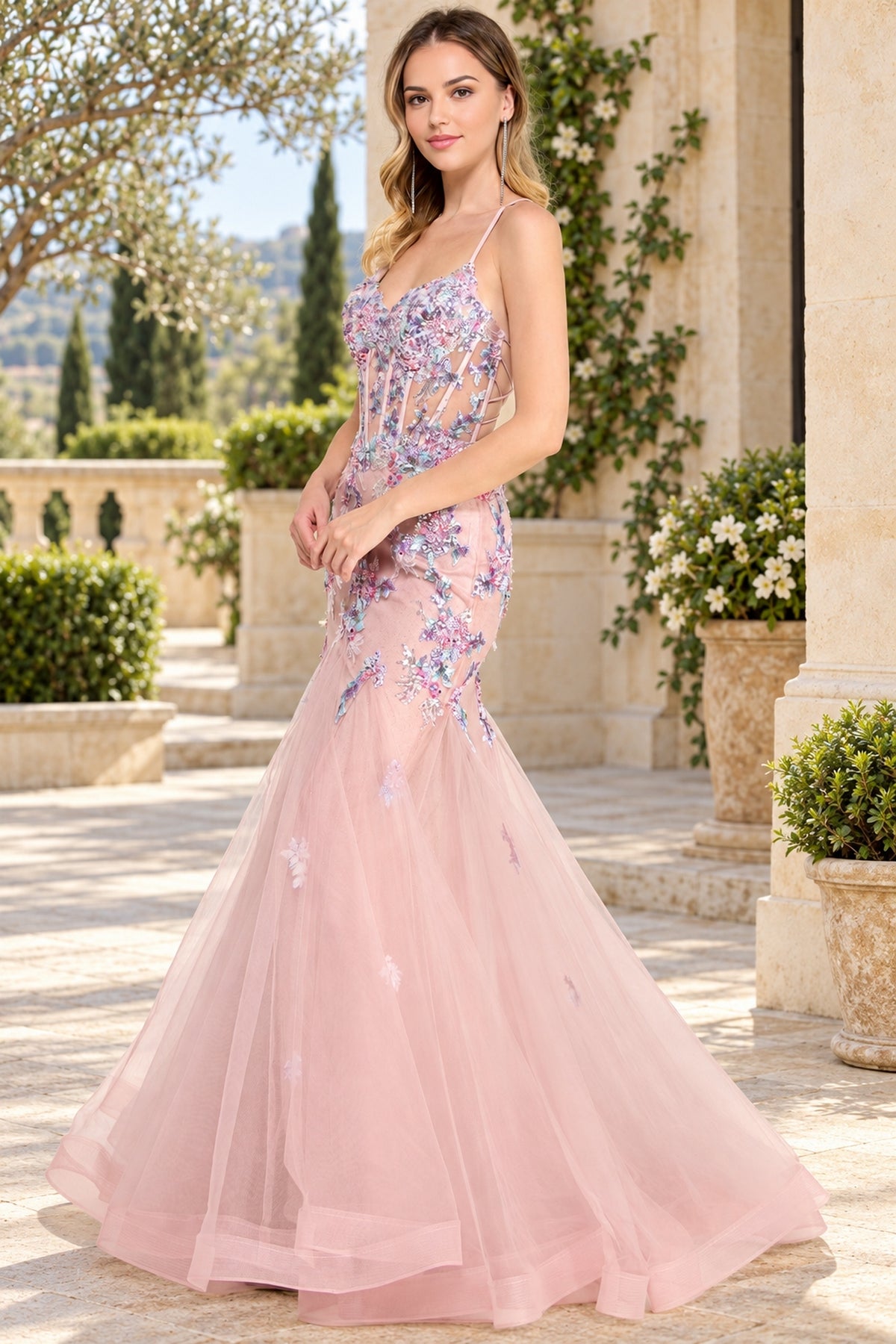 Amelia Couture 2164 mauve floor-length mermaid prom dress with a sheer corset bodice and sequin flower appliqués.