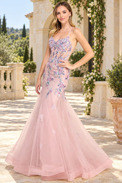 Amelia Couture 2164 is a pink floor-length floral prom dress with a corset-style bodice featuring sequin flower appliques and a flared tulle skirt.