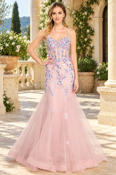 Amelia Couture 2164 floor-length, light pink mermaid prom dress with a corset-style bodice and blue and purple floral embroidery.