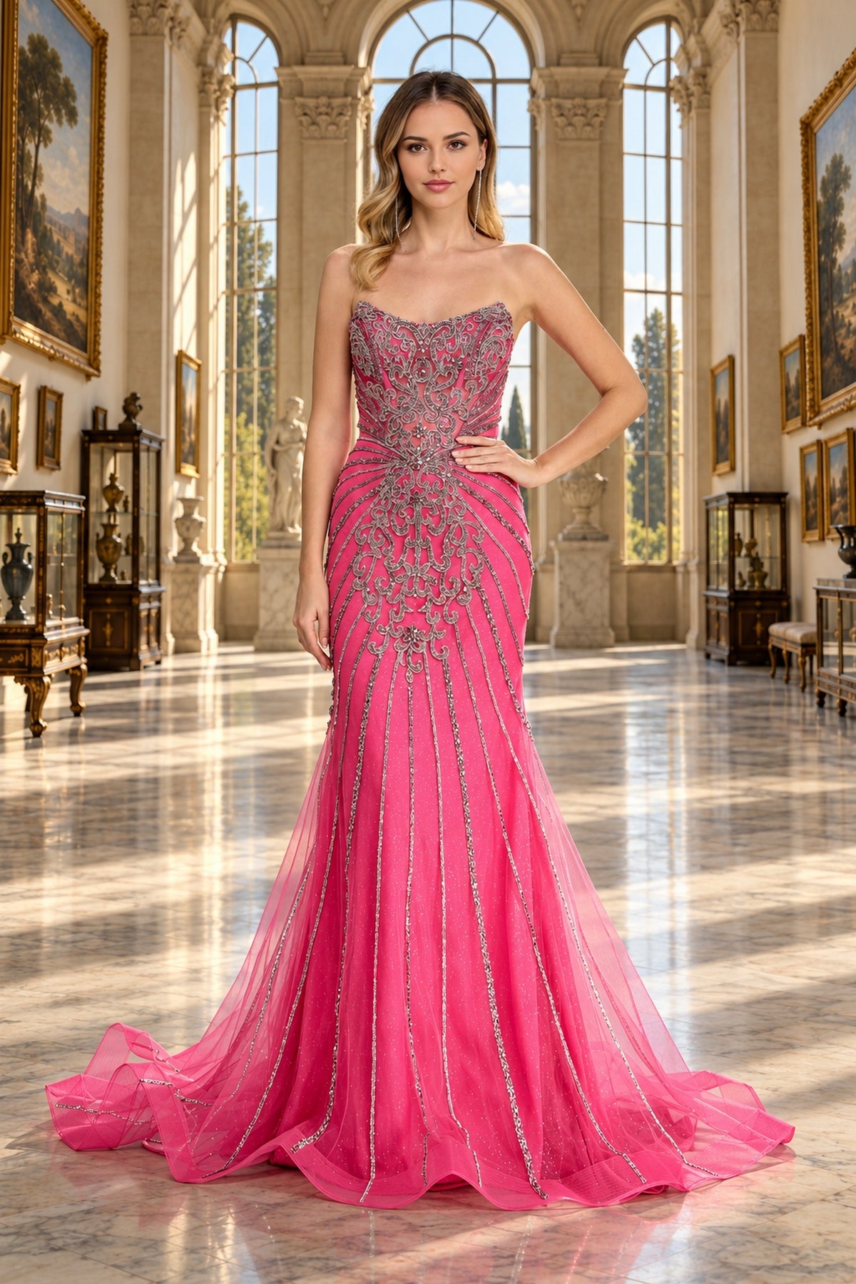 Amelia Couture 2165 is a strapless, fuchsia mermaid prom dress featuring intricate silver beaded embroidery across the bodice that cascades down the skirt.