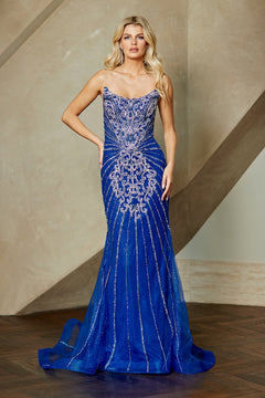 Amelia Couture 2165 is a floor-length, strapless blue mermaid gown featuring an intricate silver embroidered bodice and vertical beaded detailing.