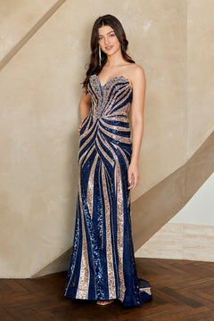 Amelia Couture 2167 strapless navy and gold sequin prom dress featuring a sweetheart neckline, fitted bodice, and floor-length skirt with a retro glam aesthetic.