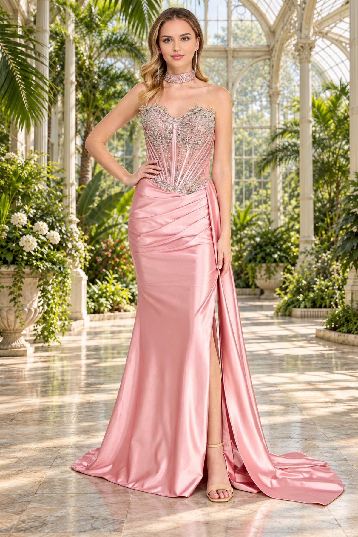 Amelia Couture 2169 floor-length pink prom dress featuring a strapless beaded corset bodice, a high leg slit, and a matching choker.