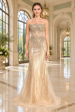 Amelia Couture 2172 strapless floor-length champagne prom dress featuring a beaded bodice and vertical sequin stripes on the skirt.