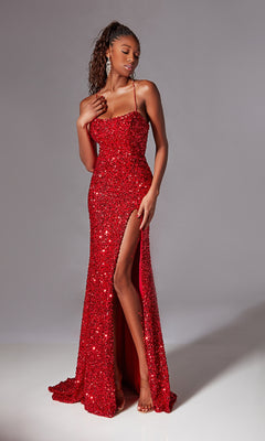 A woman models the Aerie Couture 217 Backless Long Sequin Prom Dress in red, featuring a thigh-high slit, against a plain gray background.