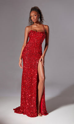 A woman models the Aerie Couture 217 Backless Long Sequin Prom Dress, a form-fitting gown with thin straps and a high slit, standing against a plain gray background.