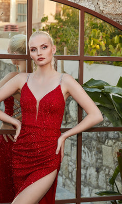 Long Sequin Prom Dress with Lace-Up Open Back Red / 0 Long Sequin Prom Dress with Lace-Up Open Back Red / 0