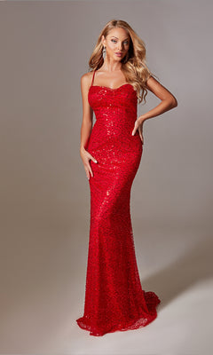 A woman models the Strappy Long Sequin Prom Dress: Aerie Couture 222—a fitted, floor-length red gown with thin straps—standing against a neutral background.