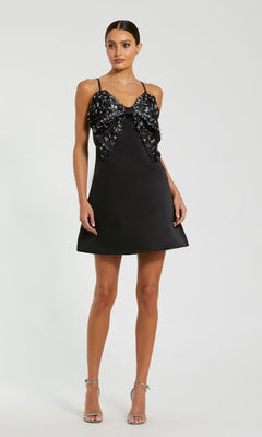 Black Sleeveless Satin A-Line Beaded Bow Mini Dress - Mac Duggal Black / US 6 Black Sleeveless Satin A-Line Beaded Bow Mini Dress - Mac Duggal Black / US 6