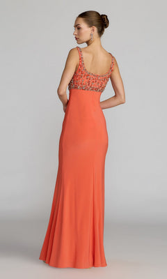 A woman stands with her back to the camera against a plain background, wearing the Mac Duggal 2253 long formal dress, which features a sleeveless design, floor-length coral skirt, and a crystal-embellished bodice.