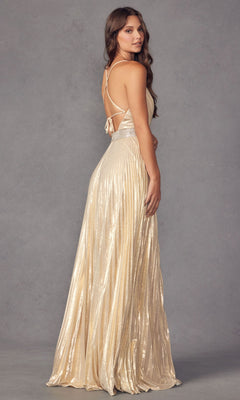 A woman stands sideways in the Deep V-Neck Pleated Long A-Line Prom Dress 226, featuring thin straps, an open back, a shimmery gold finish, and a sparkly rhinestone belt, set against a plain gray background.