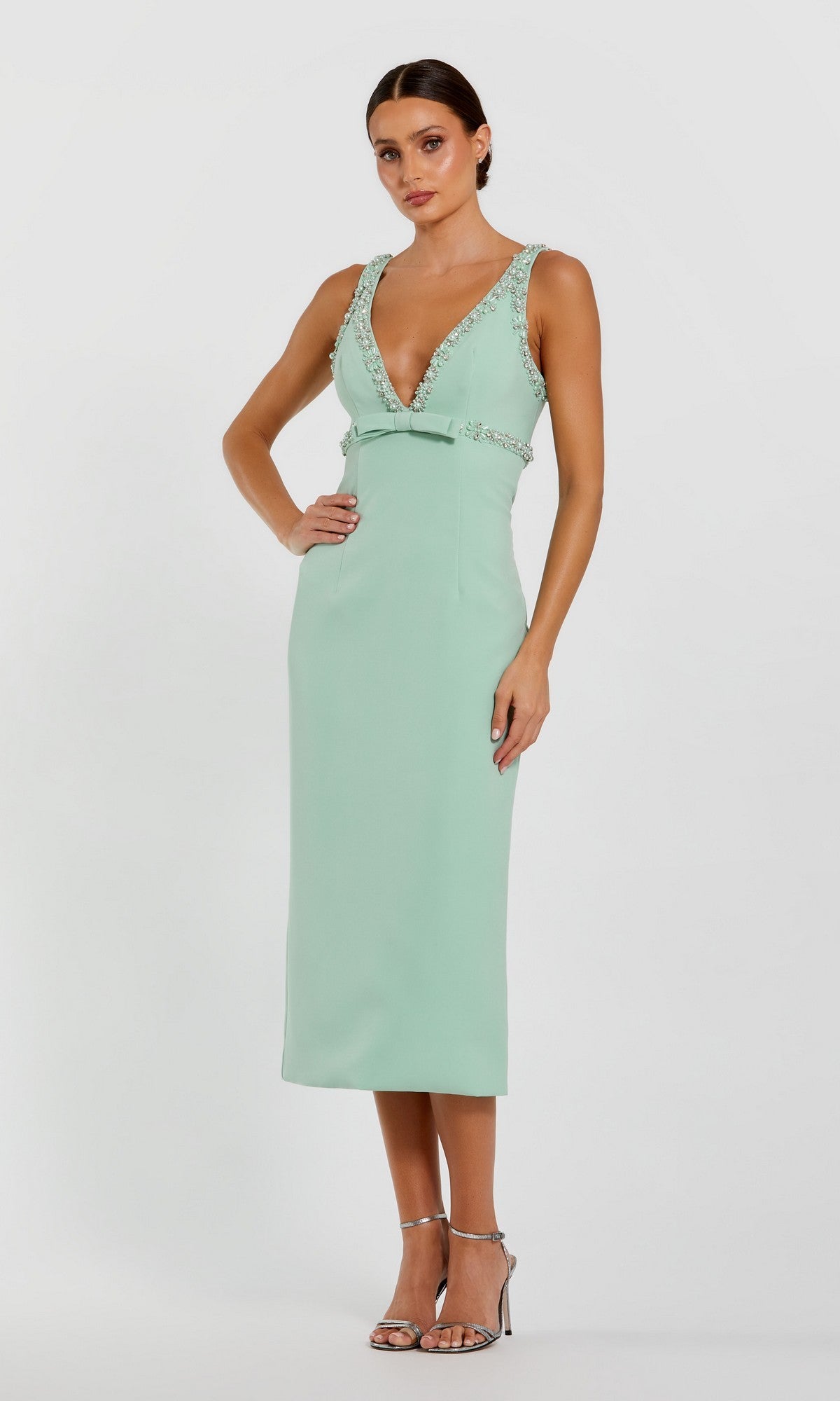 Mac Duggal Women's Crepe Fitted Midi Dress With Bow And Beaded Trim - Green - Size 8