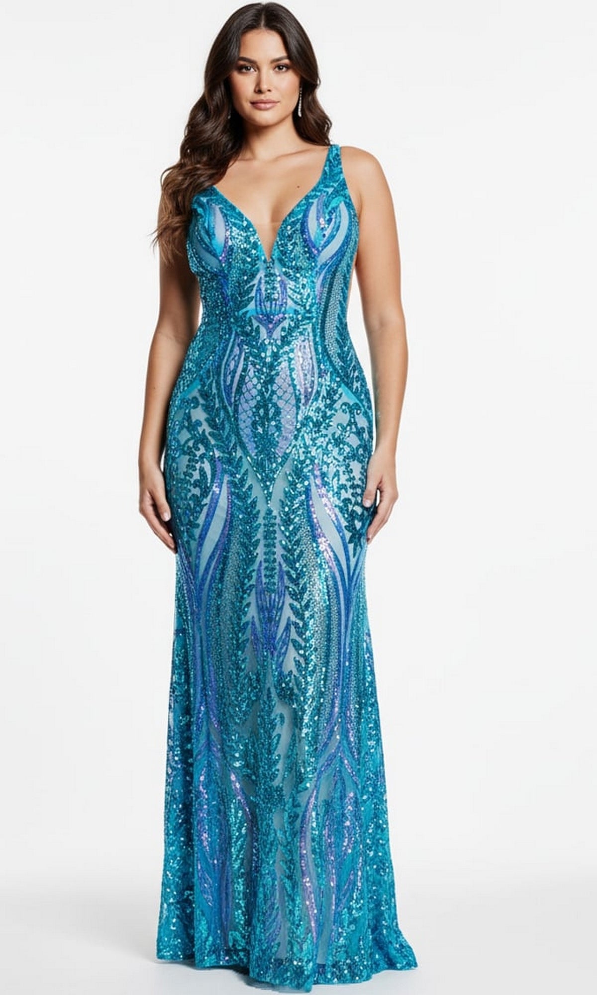 A woman wears a floor-length blue Sequin Jovani Plus-Size Prom Dress with Sheer Sides, featuring a sleeveless V-neckline.