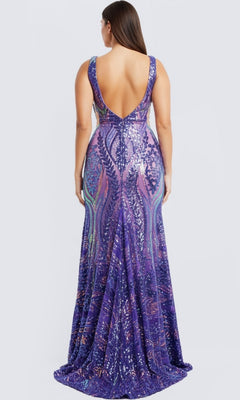 Back view of a purple Sequin Jovani Plus-Size Prom Dress, featuring a floor-length silhouette, a low scoop back, and sheer side panels.