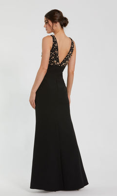 A woman models the Beaded-Bodice Long Prom Dress: Mac Duggal 2278, featuring an elegant empire waist and floral embellishments, against a plain white background.