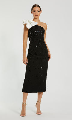 Mac Duggal Beaded Crepe One Shoulder Midi Dress with Bow
