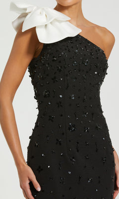 Mac Duggal Beaded Crepe One Shoulder Midi Dress With Bow