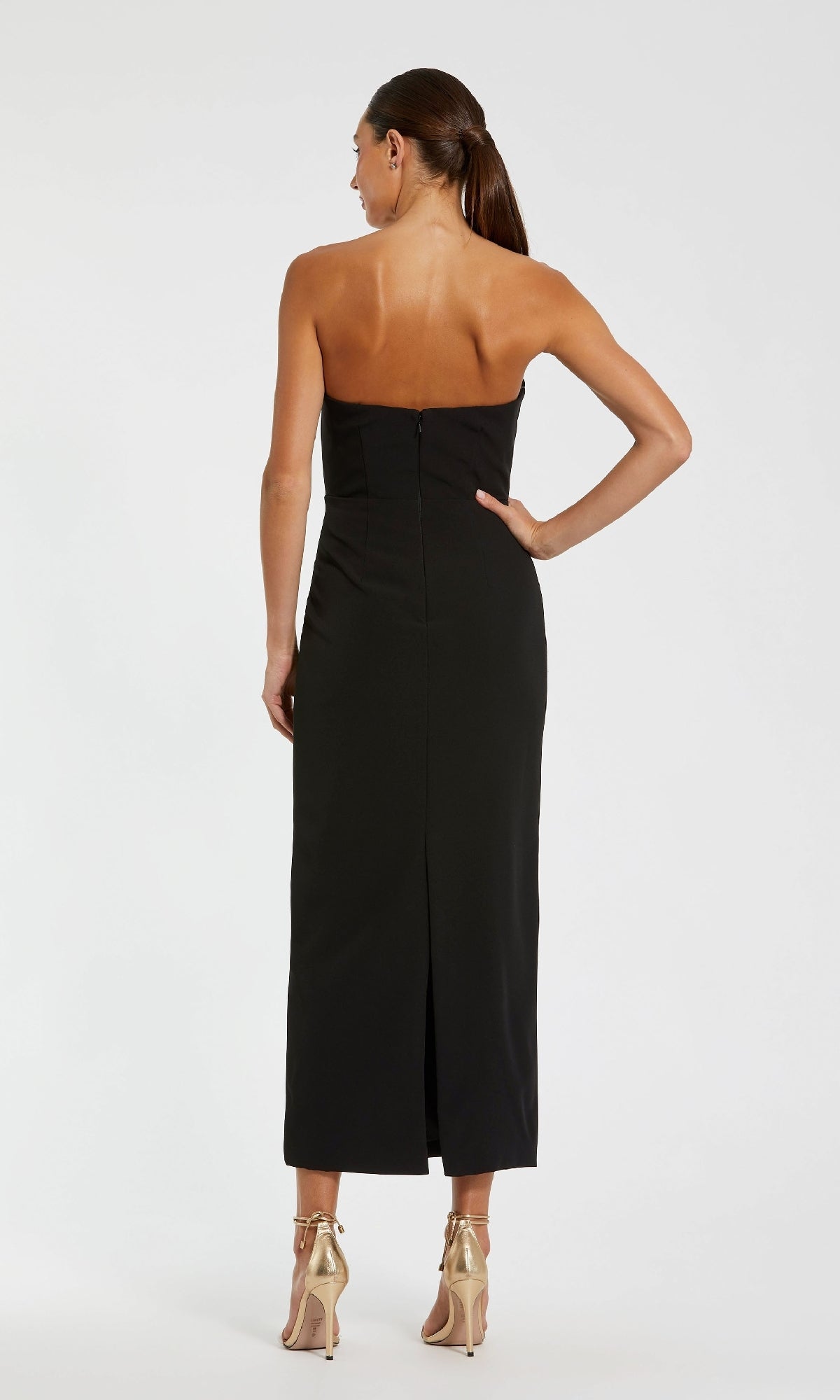Black Strapless Crepe Dress With 3D Satin Flowers | Mac Duggal Black Ivory / US 4 Black Strapless Crepe Dress With 3D Satin Flowers | Mac Duggal Black Ivory / US 4